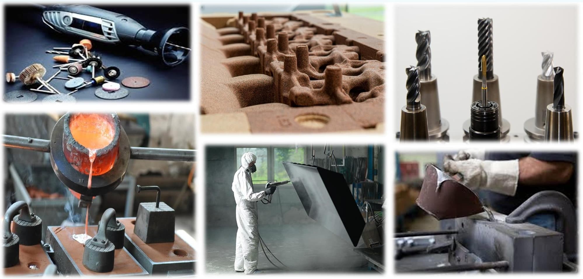 Manufacturing process collage: melting, moulding, sandblasting, machining
